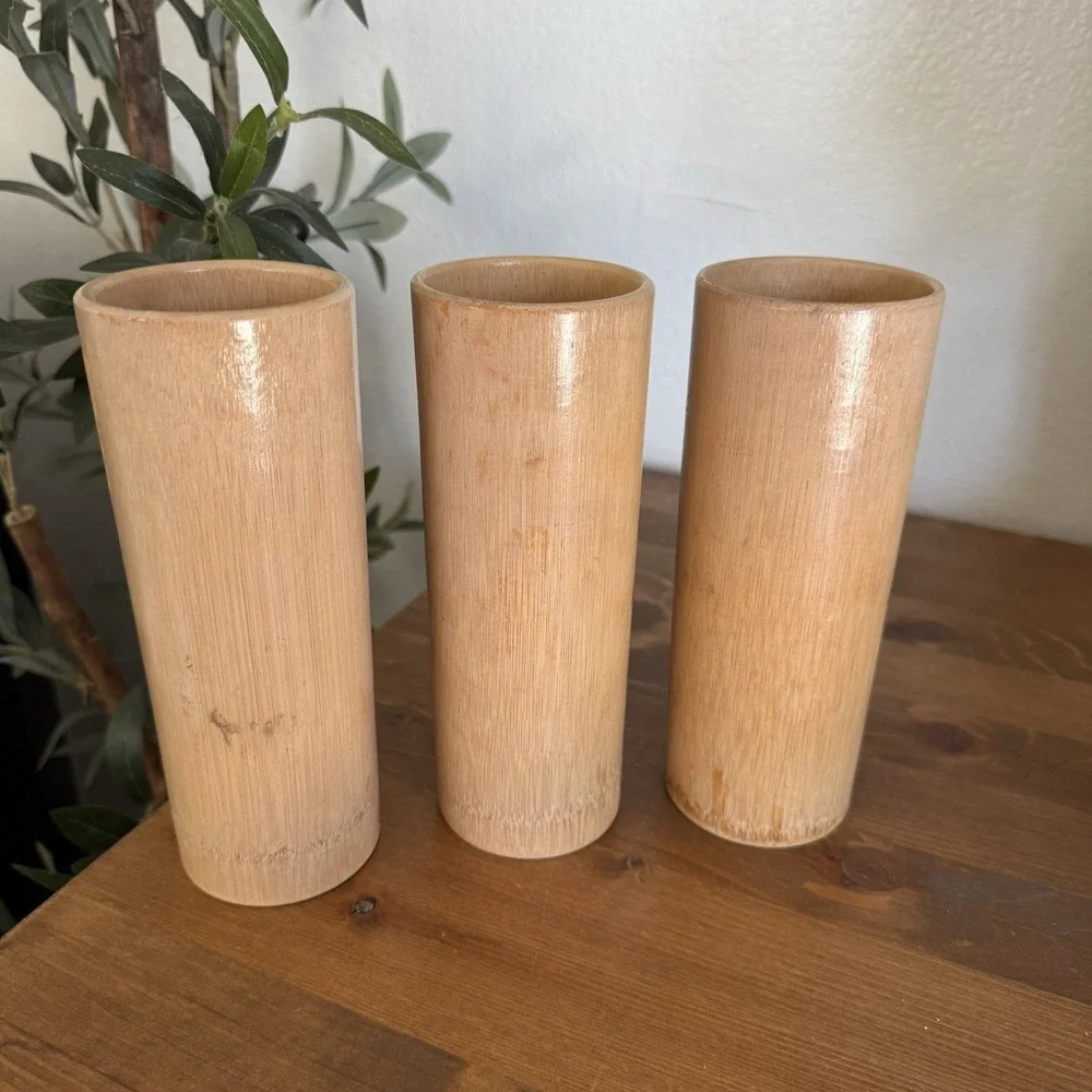 Set of 5 Vintage 60s Japanese Hand Brush Painted Natural Bamboo Cups Vases Decor